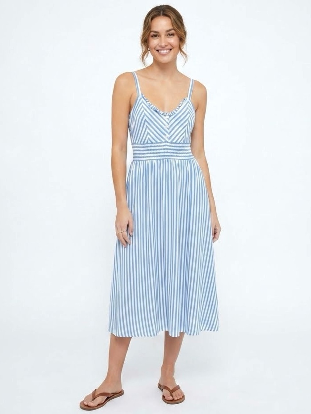Zara Linen Blend Striped Strappy Midi Knee Length Sundress Blue/White, Size S